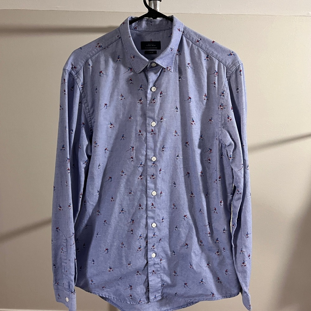Zara Man Button Down Shirt Mens Large Blue Hockey Player Embroidered Slim Fit
